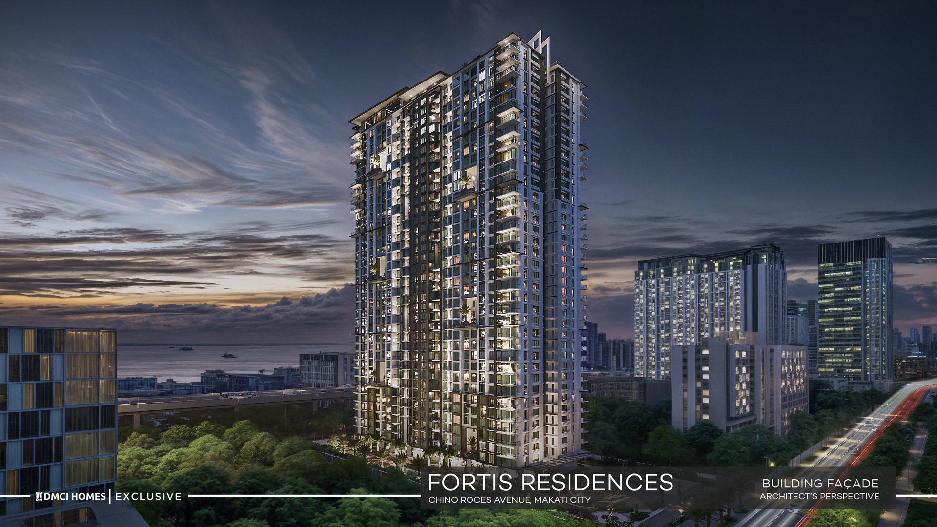 Fortis Residences tower at night, Makati City