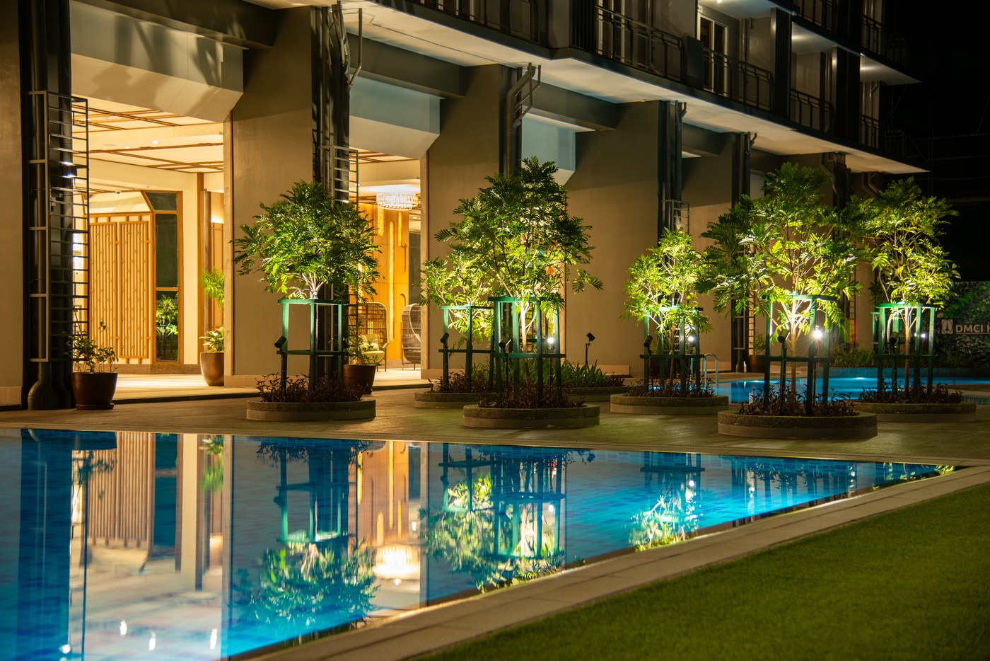 The Oriana lap pool deck at night