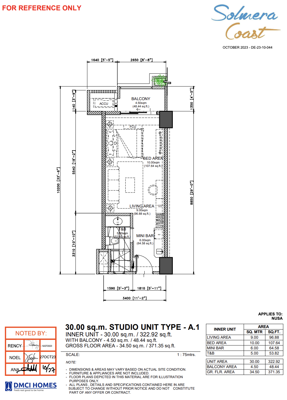 Solmera Coast Studio Unit Type A.1 layout — 34.5 SQM